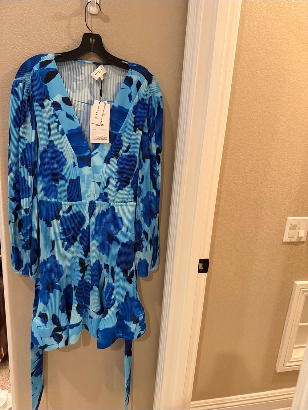 Milly Blue Floral V-Neck Pleated Mini Dress
